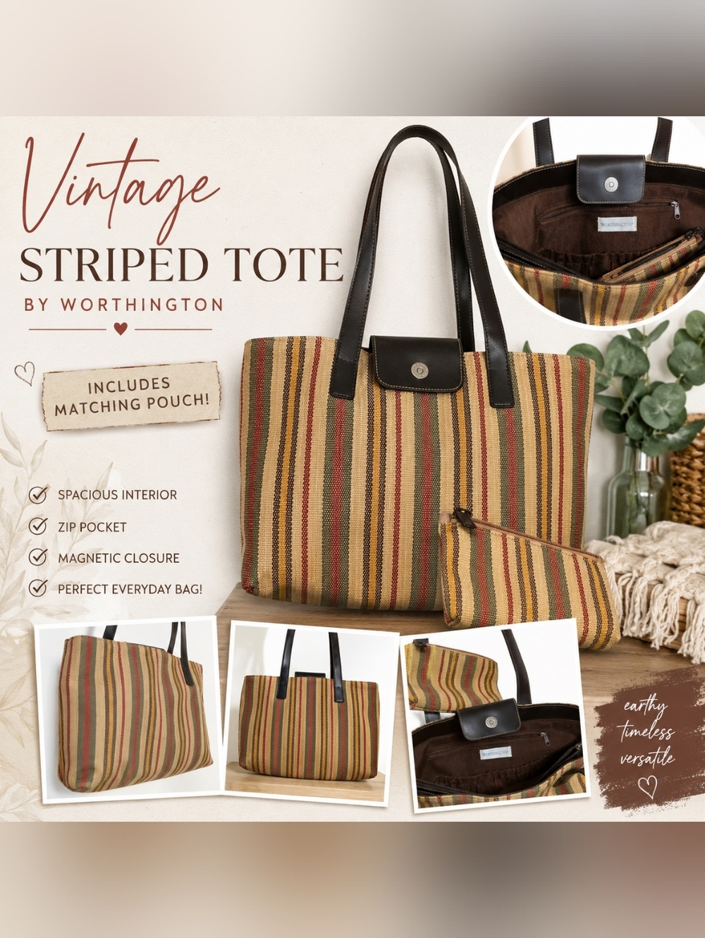 Worthington Vintage Striped Tote Shoulder Bag w/ Matching Pouch